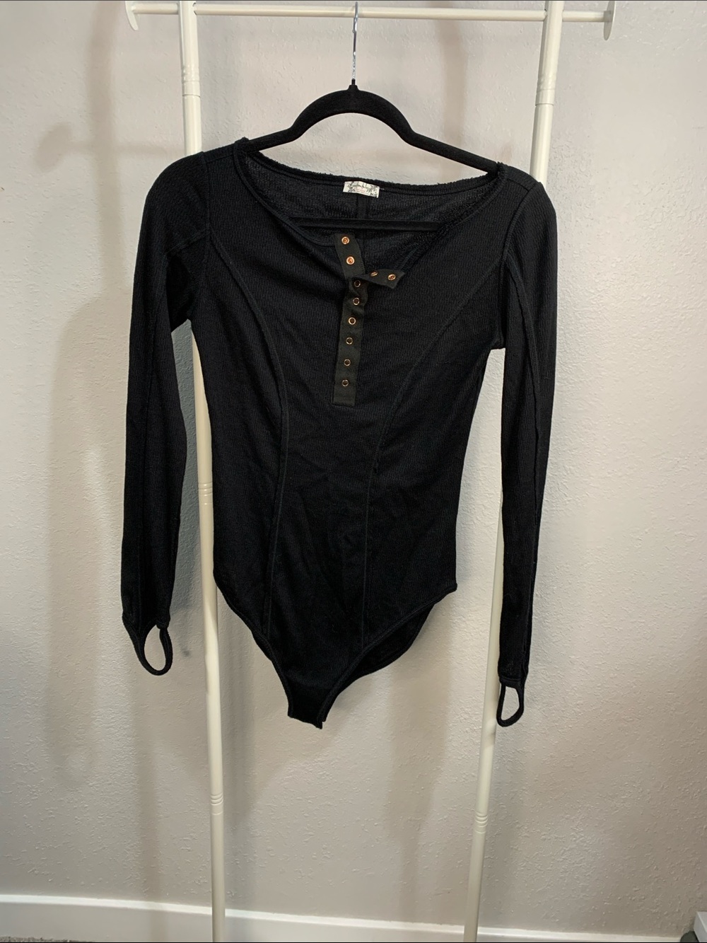 Free People Black Long-Sleeve Henley Bodysuit with Snap Placket and Thumb Loops